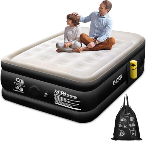 Full Air Mattress with Built-in Rechargeable Pump Quick Set up Inflatable Mattress under 3 Mins for Camping & Portable Travel Blow up Bed Leak-free Luxury 18\" Flocked Air Bed with Raised Pillow, Black