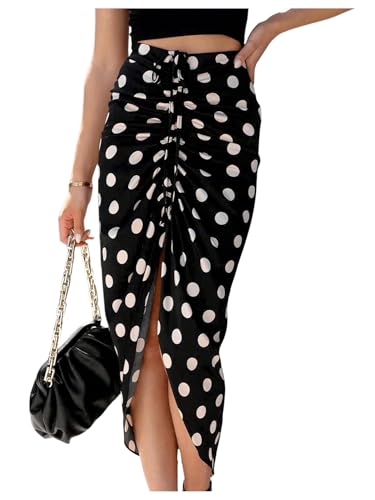 Milumia Women's Polka Dots Drawstring Ruched Split Thigh Skirt High Waist Bodycon Midi Skirts