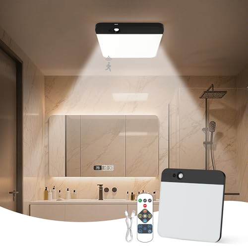 KINDEEP Rechargeable Motion Sensor Ceiling Light: Wireless Ceiling Light with Remote, 3 Color Temperatures Battery Operated Closet Light, Shower, Closet, Stairs, Hallway, Pantry, Black Shade, 1 Pack