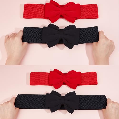 CRASPIRE 2 Colors Elastic Bow Belts Black Red Cloth Bowknot Wide Stretch Sash Tie Elastic Chain Waist Belt Band Vintage for Women Ladies Wedding Trench Coat Overcoat Decorative3