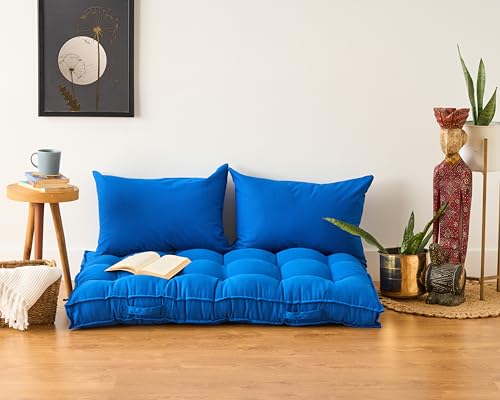 Image of Skanda Fab Low Seating Cushion -100% Cotton Twill, Hand-Plotted Microfiber Filling, Floor Cushion with 2 Back Support Cushions - Ideal for Living Room, Balcony, Lounge- 80x120 Classic Blue (Pack of 1)