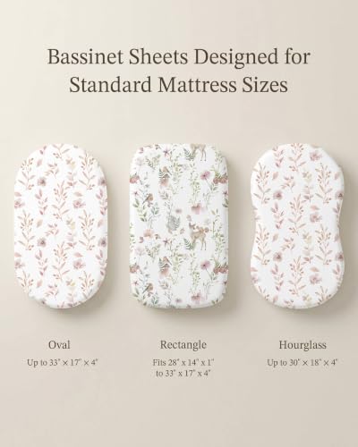 Image of Bassinet Sheets for Baby Girls Boys 2 Pack, Fitted Baby Mattress Sheet for Rectangle, Oval, Hourglass Bassinet Mattress, Breathable Cozy & Universal Fit (Floral Fawn, Bassinet Sheet)