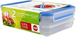 Emsa 513576 Clip & Close stacking boxes, 22.7 x 16.7 x 8 cm, 2 x 0.6 l, transparent/blue
