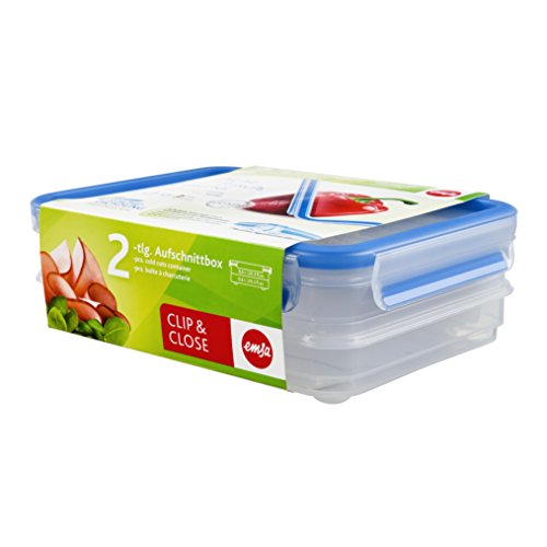 Emsa 513576 Pudełka do układania w stos, 22,7 x 16,7 x 8 cm, 2 x 0,6 l, przezroczyste/niebieskie