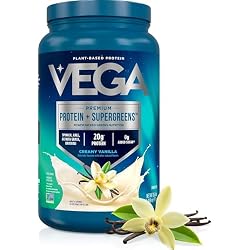 Vega Premium Protein + Supergreens, Creamy Vanilla – 20g Vegan Protein, Dairy & Gluten Free, 26.9 oz (25 Servings)