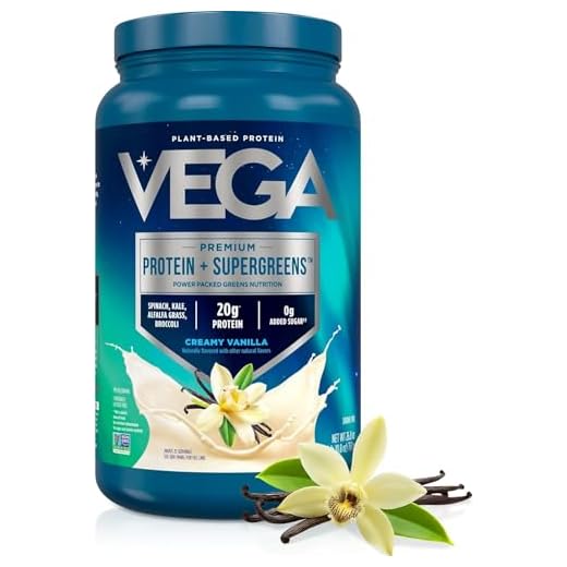 Vega Premium Protein + Supergreens, Creamy Vanilla – 20g Vegan Protein, Dairy & Gluten Free, 26.9 oz (25 Servings)