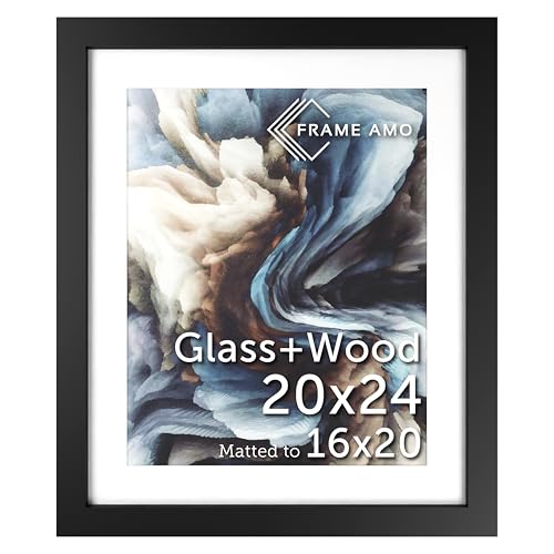 Frame Amo 20x24 Black Solid Wood Poster Frame, White Mat for 16x20 Image, Tempered Glass Front, 1.5 inch Wide, 1 inch Thick, High-End, Substantial, Gallery Grade & Acid-Free