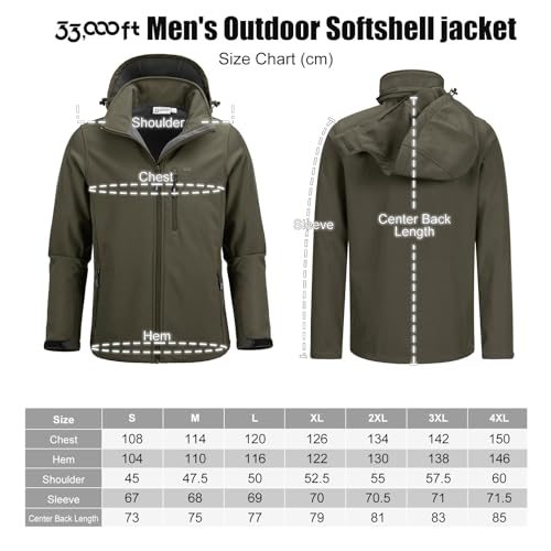 33,000ft Softshelljacke für Herren Wasserdicht Winterjacke Winddicht Warme Fleece Gefüttert Windbreaker Funktionsjacke Outdoorjacke für Wandern Fahrrad Camping Olivgrün XL