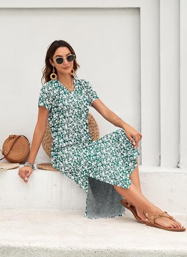 Image of MISFAY Womens Maxi Dress Short Sleeve V Neck Loose with Pockets | Soft stretchy breathable, v neck loose fit, side split hem, two side pockets, casual daily beach vacation travel dress