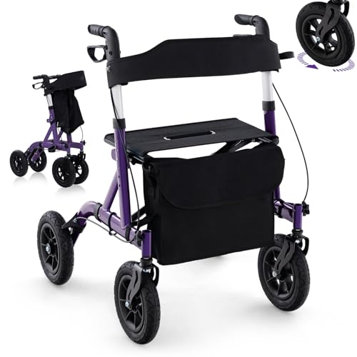 RELAX4LIFE Déambulateur 4 Roues, Déambulateur Pliable Léger Aluminium, Siège Temporaire, Roues Tout-Terrain, Hauteur 81-94 CM, Sac, Porte-Canne, Rollator Portable pour Agés Handicapés (Violet)