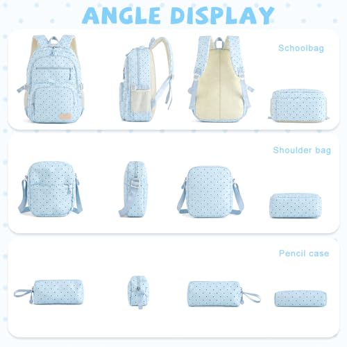 Image of PALAY School Bag for Girls Blue Polka Dot Backpack with Crossbody Bag & Pencil Pouch Large Oxford Cloth Bookbag Water-resistant Multi-compartments Daypack for Primary, Elementary, Middle School