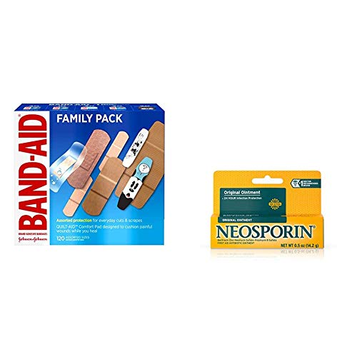 Band-Aid Brand Adhesive Bandage Family Variety Pack in Assorted Sizes 120 ct with Neosporin Original First Aid Antibiotic Ointment.5 oz