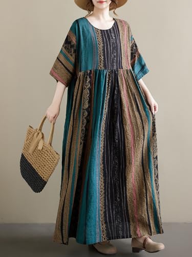 Image of Women Summer Casual Loose Dress Plus Size Boho Dresses Vintage Striped Print Round Neck Short Sleeve with Side Pocket