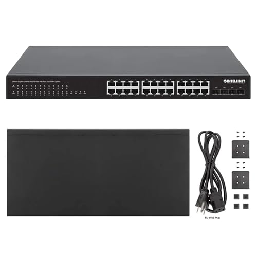 Image of Intellinet 24-Port Unmanaged PoE+ Gigabit Ethernet Switch - 370W Power Budget, 4 x 10 Gbps SFP+ Ports, Rackmount / Desktop, Autosensing Ports, Sturdy Metal - 3 Yr Mf Warranty - 561761
