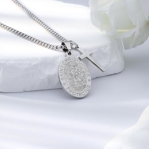 LIUANAN Saint Christopher Medal Necklace for Men Stainless Steel Religious Pendant Christian Protection Jewelry Catholic Gifts for Men Confirmation First Communion Graduation Gifts4