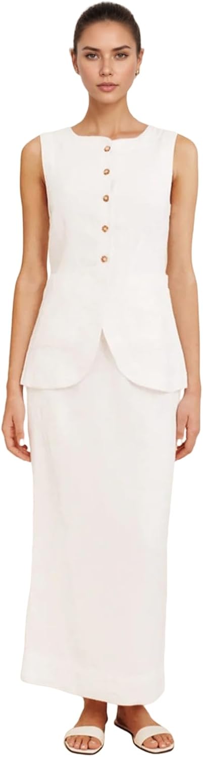 Summer Womens Linen 2 Piece Outfits Old Money Single Breasted Sleeveless Vest and Boho Maxi Skirt Sets
