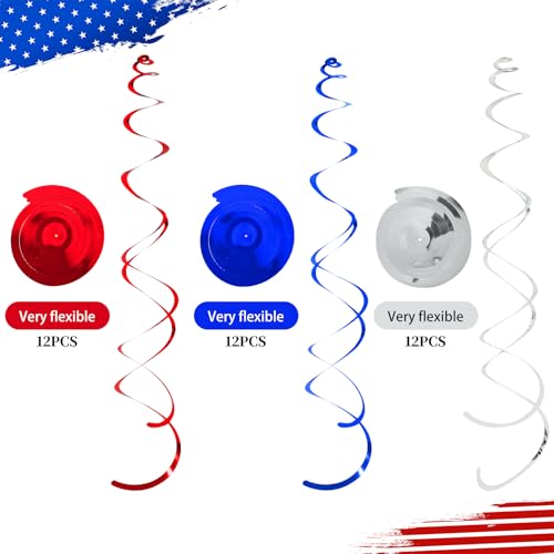 Image of 36 PCS Red Blue Silver Hanging Swirl, Sparkle Ceiling Hanging Decorations, Plastic Streamer Party Decorations with Double-Swirls for 4th of The July,Independence,250 Anniversary USA,Birthday Baseball