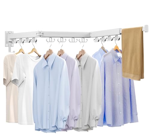 Kelisiting Wall Mounted Clothes Drying Rack, Laundry Drying Rack Wall Mount, 3-Fold Drying Rack Clothing, Foldable Clothes Drying Rack with 12 Dual Hooks Organization for Laundry Room Indoor - White