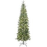 HOMCOM Sapin de Noël Artificiel 210 cm avec 300 lumières Blanches Chaudes, Arbre de Noël Slim, 8 Modes d’éclairage, 826 Pointes articulées, Support métallique, Plastique Ignifuge, Vert