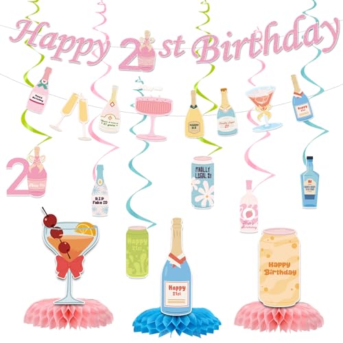 21st Birthday Decorations for Her Champagne Drinks Bottles Glasses Happy 21st Birthday Banners Hanging Swirls Honeycomb Centerpieces 21 Year Old Women Bday Wine Theme Party Supplies