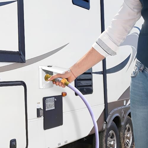 Image of RV Water Fill Inlet with Cover Gravity Water Fill Inlet, Square Magnetic Attraction and Lock Keys Double Protection City Fresh Water Connection for RV Camper Motorhome Boats (White)