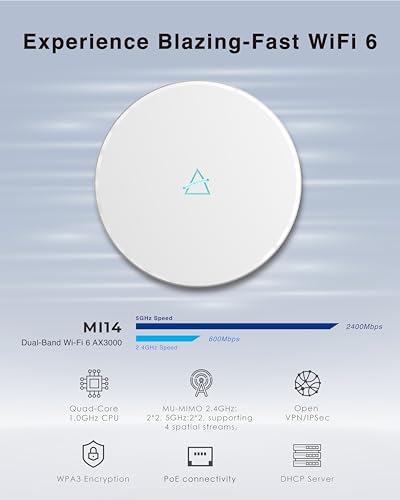 Image of BROWAN MI14 Wi-Fi 6 AX3000 Dual-Band Access Point | PoE+ Powered, 8 SSID, WPA3 Security, 1500 Sq.Ft Coverage | Indoor Ceiling /Wall Mount AP for SOHO, Retail, Cafe, and Office