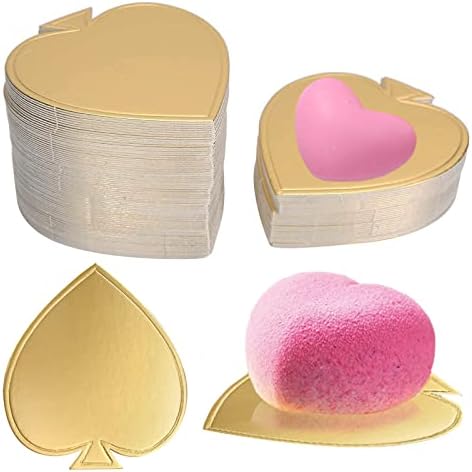 BieFuSin 100Pcs Mini Heart-Shaped Cardboard Cake Bases, Golden Mousse Cake Boards, Cake Paper Plates Dessert Board,Dessert Display Tray,Paper Plates Dessert Base for Wedding Birthday