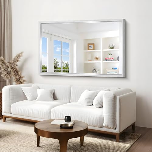 Image of 60 inchx40 inch Brushed Silver Bathroom Mirror, Large Rectangular Mirror for Wall, 0.6 inch Thickened Deep Frame Mirrors for Bathroom Sink, Shatterproof Tempered Glass, Antirust, Horizontally or Vertically