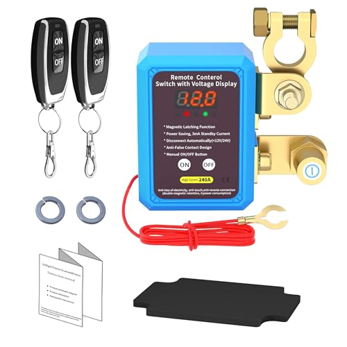 Disjoncteur de batterie 12 V avec télécommande, interrupteur de batterie 12 V 240 A avec indicateur de tension et 2 télécommandes Kill Switch anti-vol pour moto, voiture, camping-car, bateau, yacht