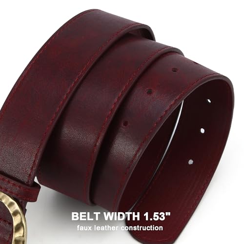 Earnda Western Chunky Belt for Women Jeans Dresses 1.53" Vintage Thick Faux Leather Cowgirl Burgundy Red Waist Belts with Retro Buckle — view 5