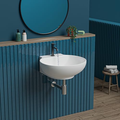 Image of REMOTION Ceramic Wall Hung Corner Wash Basin for Bathroom | Wall Mounted Corner Sink for Small Bathrooms & Powder Rooms | Space-Saving, Durable & Stylish Design (12 x 12 x 5 Inch)