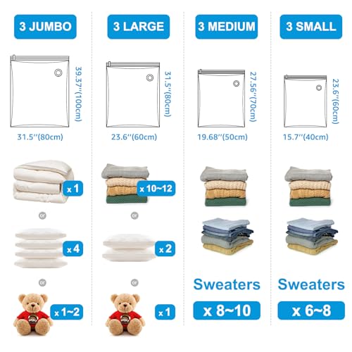 BoxLegend Vacuum Storage Bags with Large Hand Pump 12 Combo (3 Jumbo,3 Large, 3 Medium, 3 Small) Thickened Vacuum Seal Bags for Clothing Coat Bedding Quilt Blanket Pillow Comforters