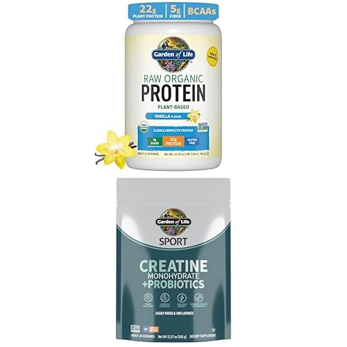 Garden of Life Protein & Creatine Bundle – Vegan Vanilla Protein Powder 20 Servings with BCAAs, Probiotics & Enzymes + Creatine Monohydrate Pre Work