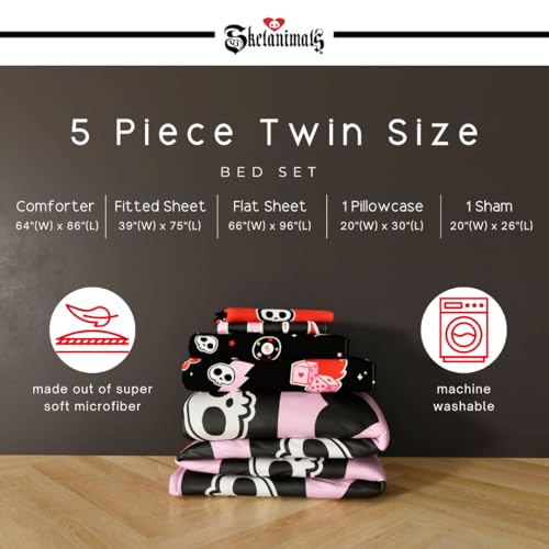 Image of Skelanimals Bedding 5 Piece Twin Bed Set, Soft Checkered Comforter and Sheet Set with Sham, Kit The Cat, (Officially Licensed Product) by Franco Collectibles
