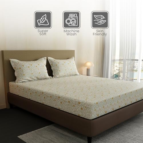 Image of Layers 100% Cotton Bedsheet for Double Size Bed | Lumina Floret Collection | 144 TC Soft & Breathable | Floral Print with 2 Pillow Covers | Wrinkle Free & Colorfast | 3 Piece Bedding Set - Yellow