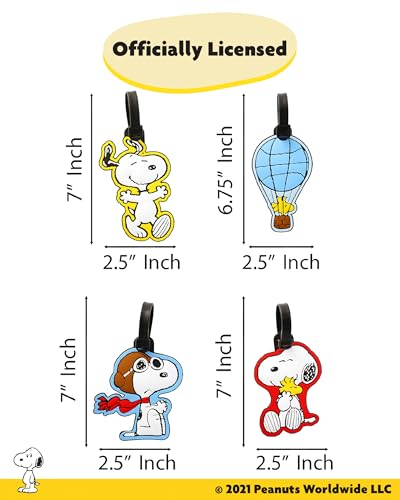 Peanuts Woodstock and Snoopy Luggage Tags 4 Pack Official License, PVC Bag Tags and Travel Tags for Luggage and Backpacks