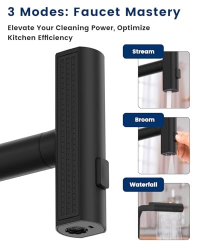 Image of 3 Hole Kitchen Faucet with Pull Down Sprayer and Soap Dispenser, Matte Black 3-Spray Modes Waterfall Kitchen Faucet Easy Installation for Modern Kitchen Sink, Stainless Steel