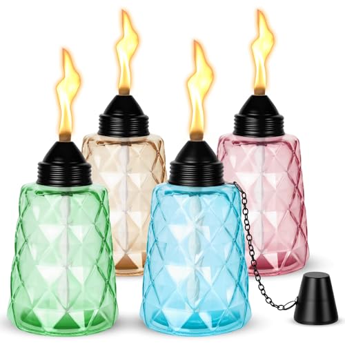 4-Pack Citronella Torches for Outside 12oz Glass Table Top Torch Canisters with Fiberglass Wicks & Snuffer Caps for Outdoor Dining Bar Patio Table Decor Multi-Color