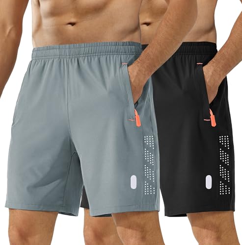 Buyboxs Mens Sports Shorts Quick Dry Athletic Gym Shorts wth Zipper Pockets Breathable Training Short Lightweight 2-Pack Black Lgrey XXL