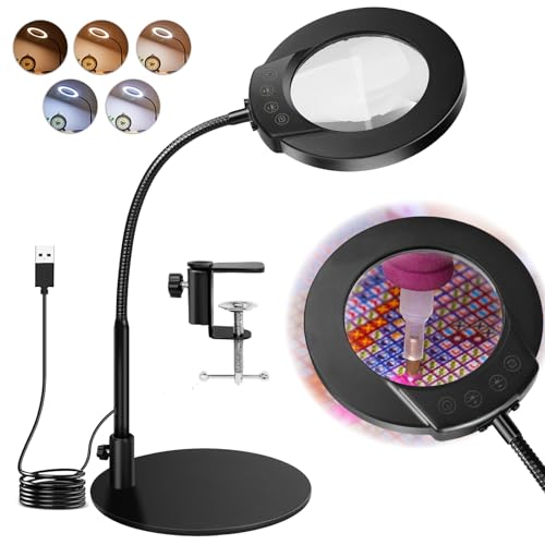 Cuteefun 10X Lampe Loupe Sur Pied, 360° Flexible Loupe de Bureau avec Base et Pince, 5 Modes de Couleurs, Dimmable Lampe Avec Bouton Tactile, Idéale pour Les Loisirs Artisanaux, La Réparation