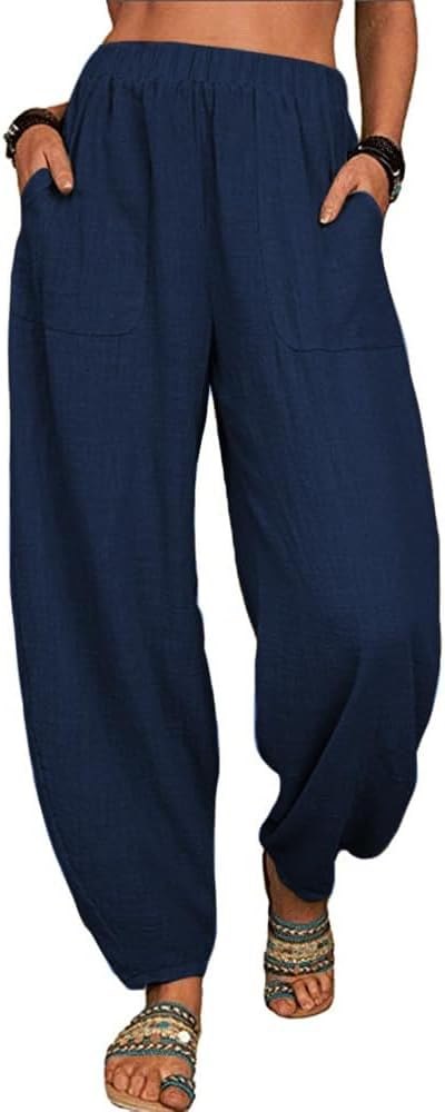 ZOCANIA Womens Casual Pants Yoga Athletic Wide Leg Lightweight Cotton Elastic Waist Loose Fit Workout Pants with Pockets