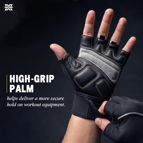 Image of Vector X Majestic Unisex Leather High Grip Padded Sports Gloves, Breathable, Professional Weightlifting, Football, Fitness Training & Gym Workout|Half-Finger Length, Wrist Wrap for Protection|Black|L