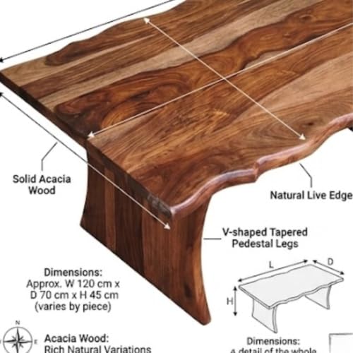 Image of Live Edge Sheesham Wood Coffee Table for Living Room | Solid Wood Center Tea Table with Artistic Curved Design | Modern Wooden Cocktail Unit for Home Office Lounge | Brown Finish