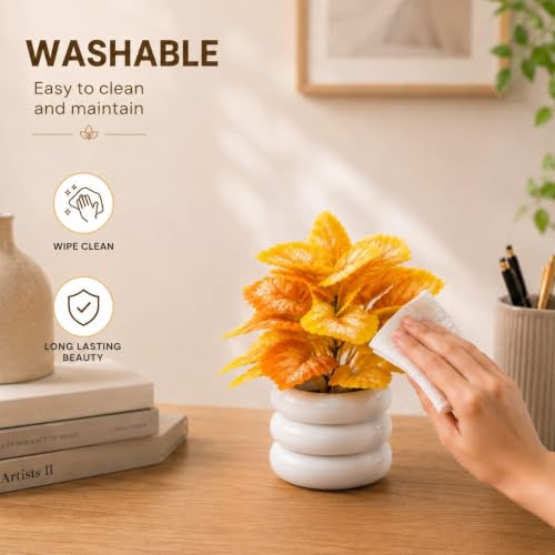 Image of Artificial Mini Potted Plant with Premium White Ceramic Style Pot - Vibrant Orange-Yellow Faux Desk Plant for Home Decor, Office Table, Living Room & Study Room Aesthetic, Washable & Zero Maintenance