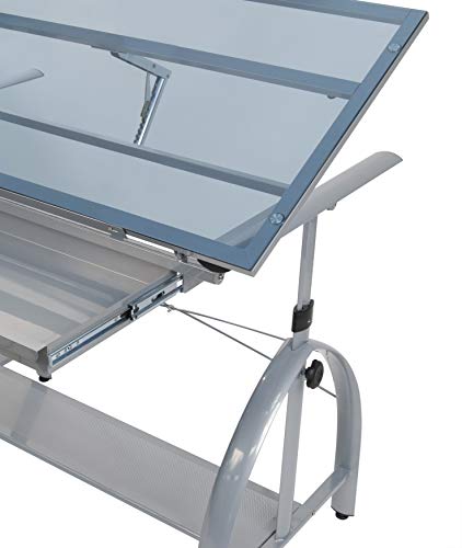 Sd Studio Designs 10060 Avanta Top Adjustable Drafting Craft Drawing Hobby Table Writing Studio Desk With Drawers, 42'' W X 24'' D, Silver/Blue Glass #TOP6