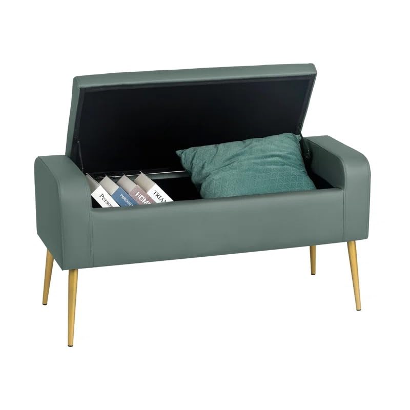 Image of Upholstered Ottoman Bench with Gold Metal Legs for Bedroom & Living Room | 2 Seater Tufted Entryway Bench Sofa with Storage Look | Modern End of Bed Seating Bench, Compact Footrest Stool, Sage Green