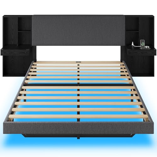 Image of LIKIMIO Modern Queen Bed Frame with Built-in Bookcase Headboard, Floating Upholstered Platform Bed with Storage Shelves and LED Lighting, No Box Spring Needed, Dark Gray /Black