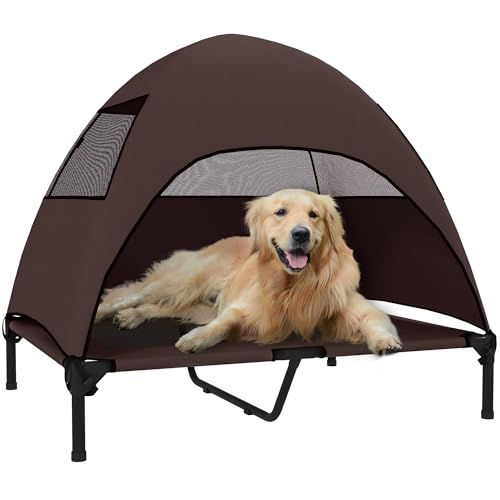 PawHut Lettino per cani da esterno con tetto, cuccia rialzata per cani di grossa taglia, con telaio in acciaio lavabile, borsa per il trasporto, letto per animali domestici, per esterni, campeggio, 91
