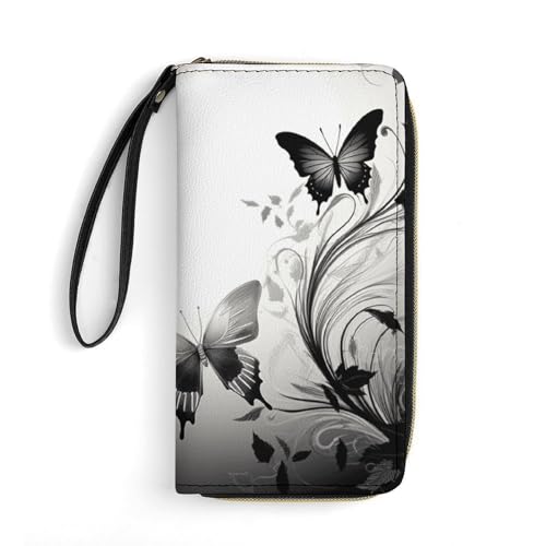 Black Gray Butterflies Wallets for Women Long Wristlet Leather Wallets with Zipper Holder Large Capacity Coin Pocket