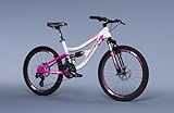 Mountain bike da 24 pollici biammortizzata, con cambio Shimano a 21 velocit&agrave; e freni a disco colore bianco e fuxia